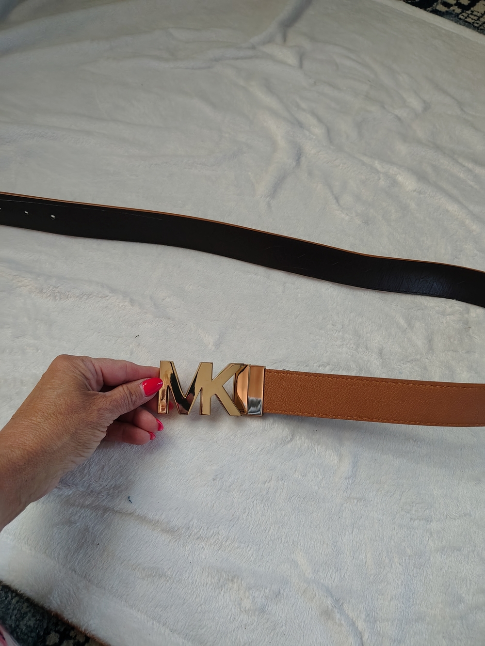 Michael Kors Womens Reversible Tan/Black Leather Belt with Gold MK Buckle